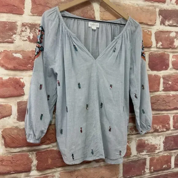 Anthropologie Velvet Graham & Spencer Top Women's Small Blue Boho Striped Shirt - Picture 2 of 10